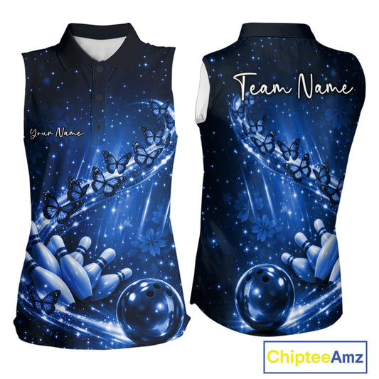 Custom Blue Butterfly Bowling Women Sleeveless Polo Team Shirt, Ladies Bowling League Shirt IPHW10902