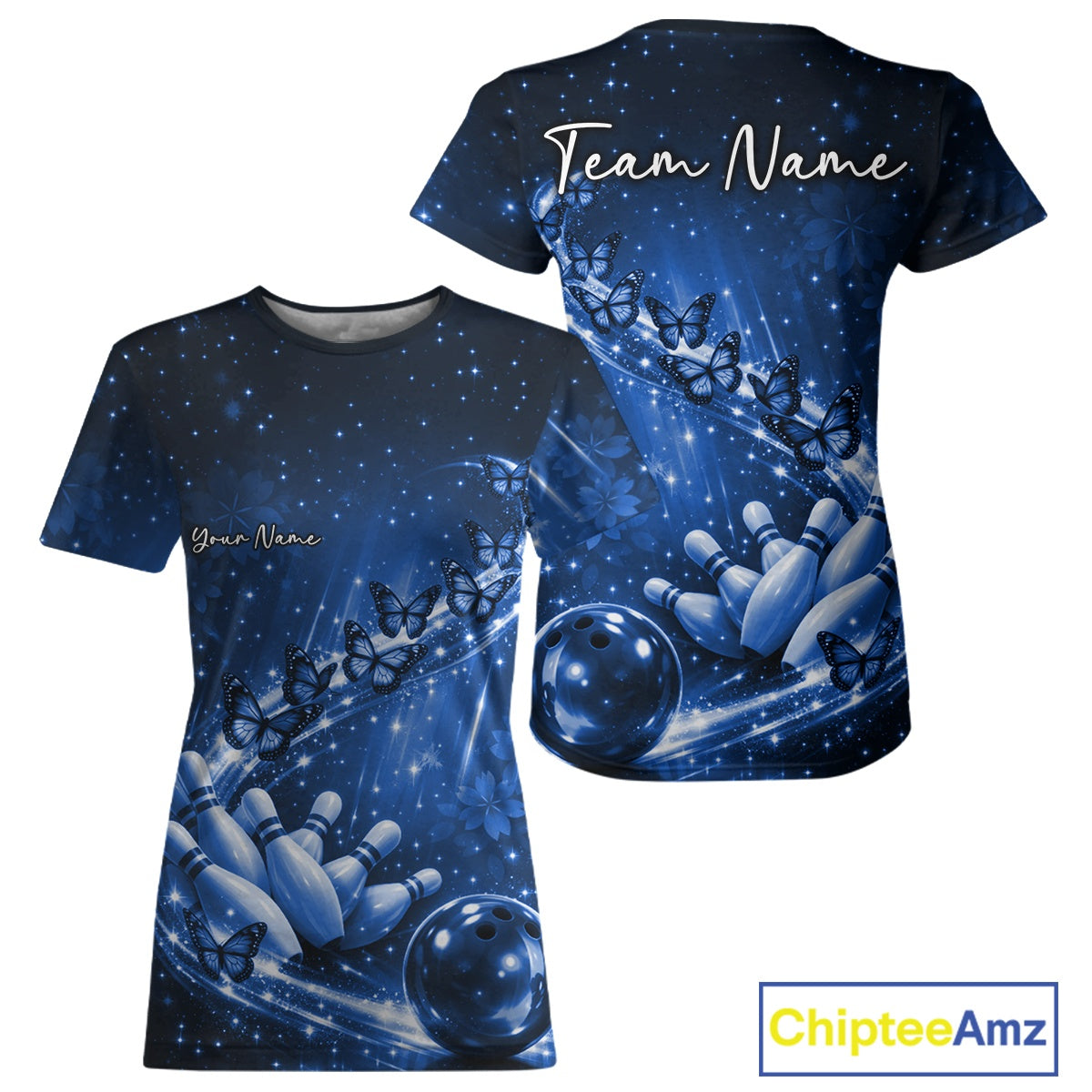Custom Blue Butterfly Bowling Women T-Shirts Team, Ladies Bowling League IPHW10902