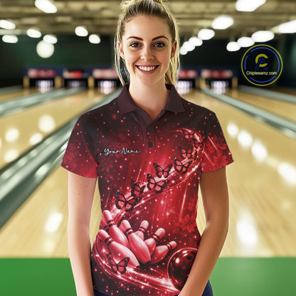 Custom Red Butterfly Bowling Women Polo Team Shirt, Ladies Bowling League Shirt IPHW10903