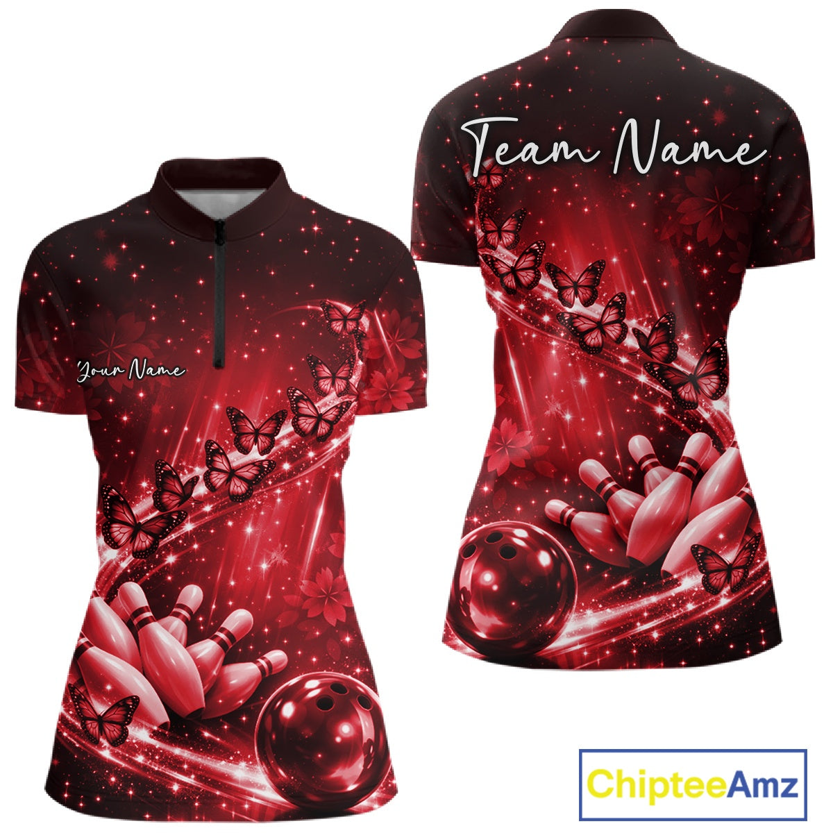 Custom Red Butterfly Bowling Women Quarter-Zip Team Shirt, Ladies Bowling League Shirt IPHW10903