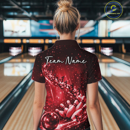 Custom Red Butterfly Bowling Women Quarter-Zip Team Shirt, Ladies Bowling League Shirt IPHW10903
