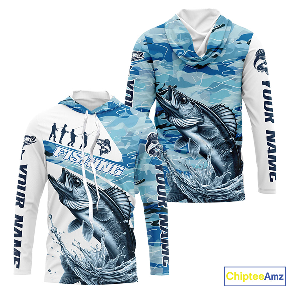 Walleye Fishing Custom Long Sleeve Tournament Shirts, Blue Camo Walleye Fishing Jersey For Fisherman IPHW6319
