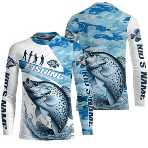 Crappie Fishing Custom Long Sleeve Tournament Shirts, Blue Camo Crappie Fishing Jersey For Fisherman IPHW6320