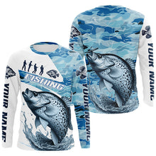 Load image into Gallery viewer, Crappie Fishing Custom Long Sleeve Tournament Shirts, Blue Camo Crappie Fishing Jersey For Fisherman IPHW6320