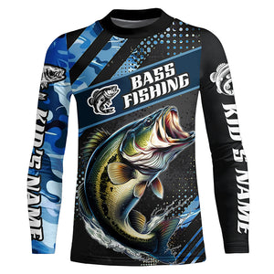 Personalized Blue Camo Bass Fishing Jerseys, Largemouth Bass Long Sleeve Tournament Fishing Shirts IPHW6329