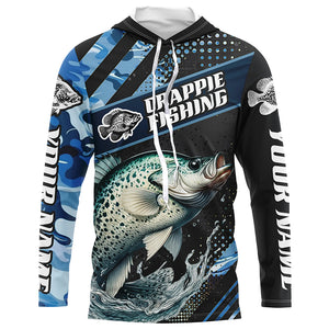 Personalized Blue Camo Crappie Fishing Jerseys, Crappie Long Sleeve Tournament Fishing Shirts IPHW6331