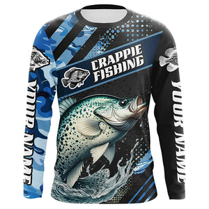 Personalized Blue Camo Crappie Fishing Jerseys, Crappie Long Sleeve Tournament Fishing Shirts IPHW6331