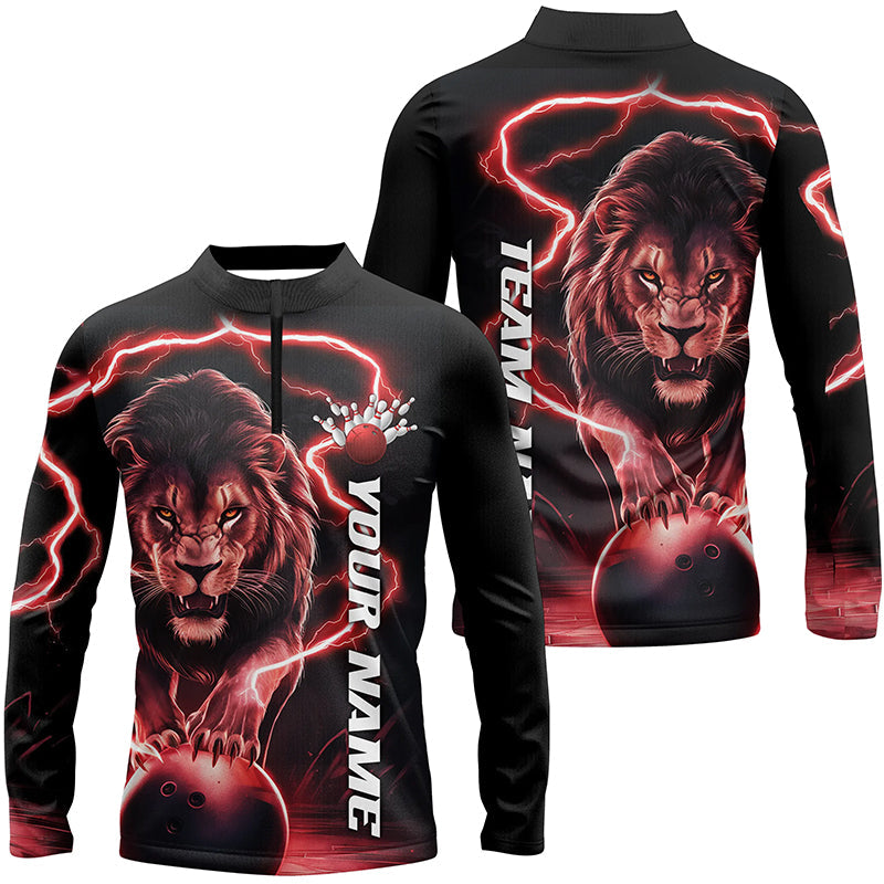 Custom Lion Long Sleeve Bowling Shirts For Men, Lion Bowling Team Quarter Zip Shirts | Red IPHW6776