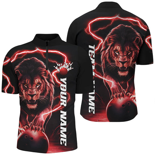 Custom Lion Bowling Shirts For Men, Lion Bowling Team Shirts Outfit Bowling Quarter Zip| Red IPHW6776