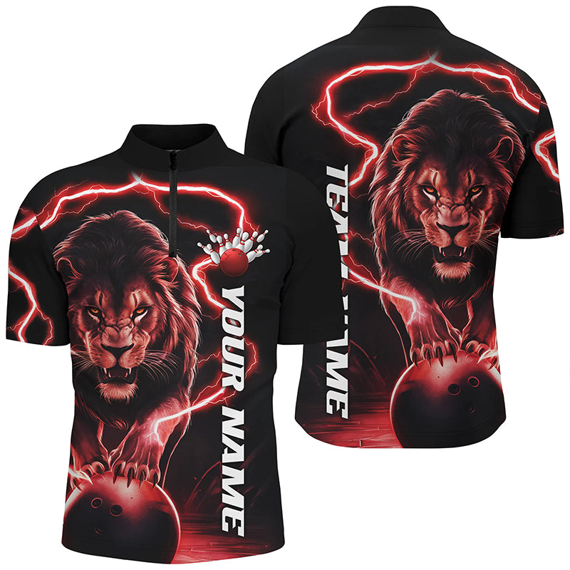 Custom Lion Bowling Shirts For Men, Lion Bowling Team Shirts Outfit Bowling Quarter Zip| Red IPHW6776