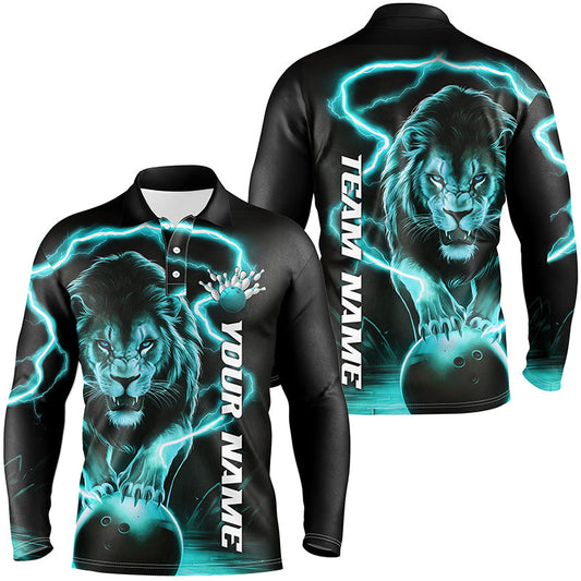 Custom Lion Long Sleeve Bowling Shirts For Men, Lion Bowling Team Shirts Outfit | Blue IPHW6777
