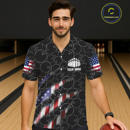 Custom Black Bowling Ball Pattern Shirt, Patriotic US Flag Bowling Hawaiian Shirt For Men IPHW6778