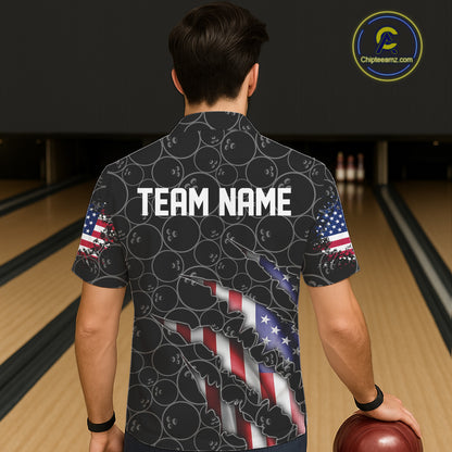 Custom Black Bowling Ball Pattern Shirt, Patriotic US Flag Bowling Hawaiian Shirt For Men IPHW6778