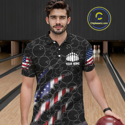 Custom Patriotic Bowling Shirts For Men, American Flag Bowling Uniform Bowlers Outfit | Black IPHW6778