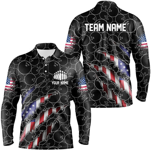 Custom Patriotic Long Sleeve Bowling Shirts For Men, American Flag Bowling Uniform Bowlers | Black IPHW6778