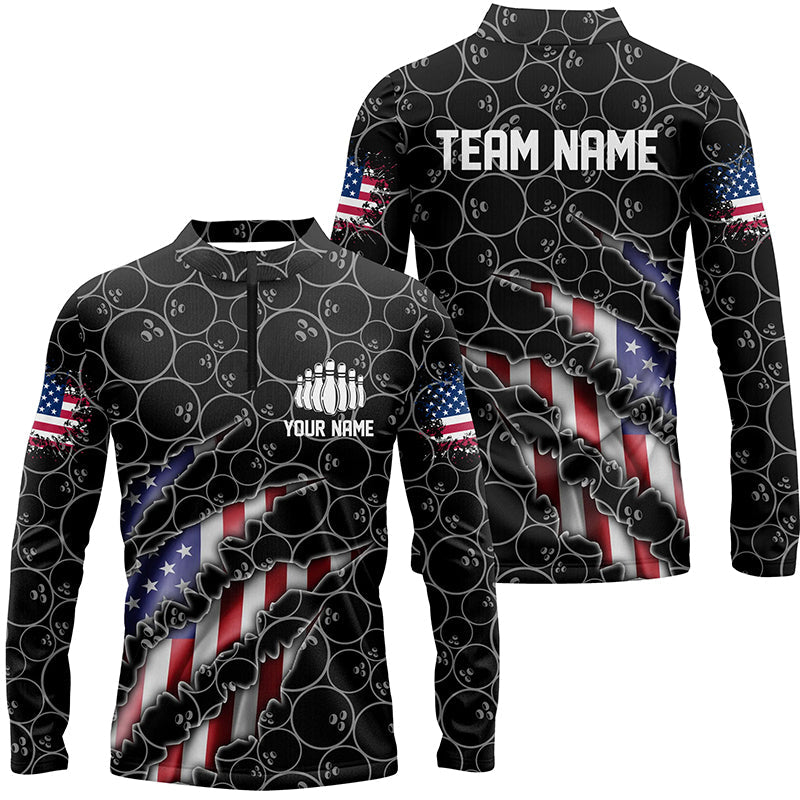 Custom Patriotic Long Sleeve Bowling Shirts For Men, American Flag Bowling Uniform Bowlers | Black IPHW6778