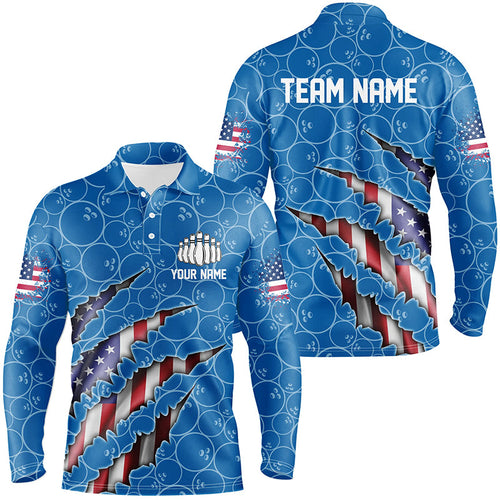 Custom Patriotic Long Sleeve Bowling Shirts For Men, American Flag Bowling Uniform Bowlers | Blue IPHW6779