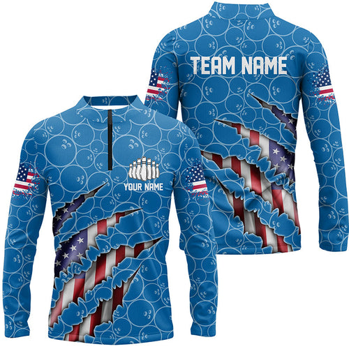 Custom Patriotic Long Sleeve Bowling Shirts For Men, American Flag Bowling Uniform Bowlers | Blue IPHW6779