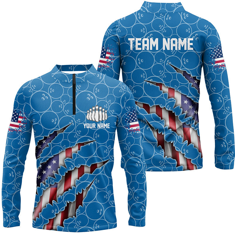 Custom Patriotic Long Sleeve Bowling Shirts For Men, American Flag Bowling Uniform Bowlers | Blue IPHW6779