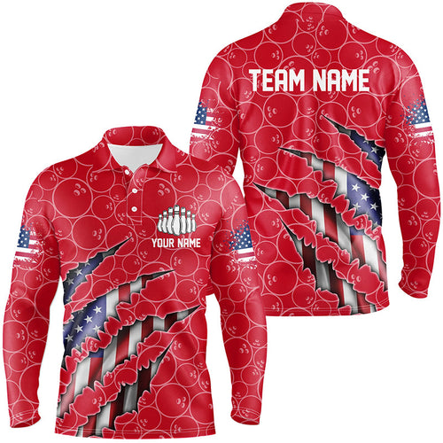 Custom Patriotic Long Sleeve Bowling Shirts For Men, American Flag Bowling Uniform Bowlers | Red IPHW6780