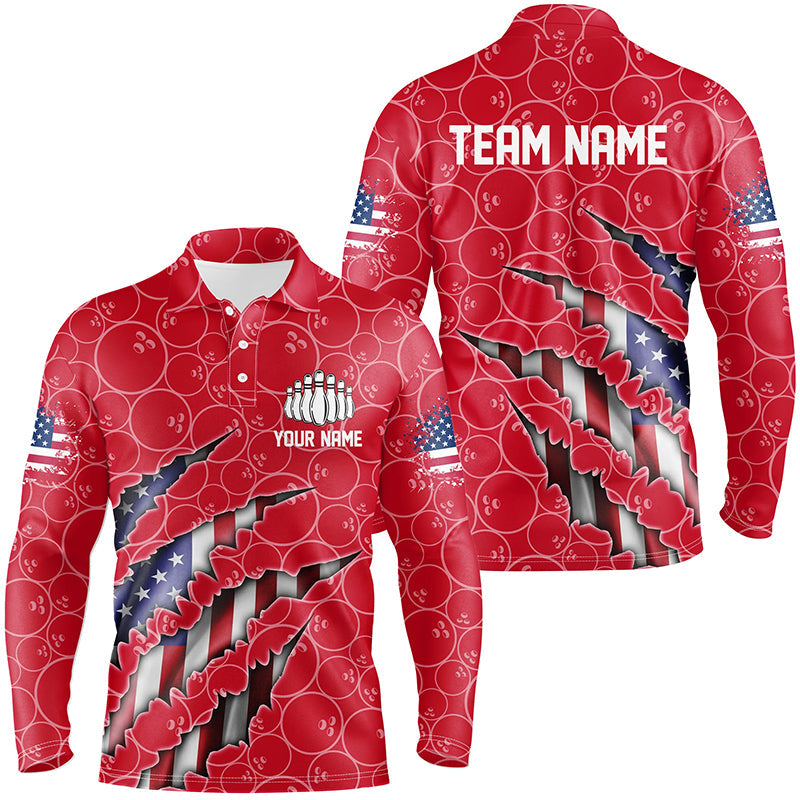 Custom Patriotic Long Sleeve Bowling Shirts For Men, American Flag Bowling Uniform Bowlers | Red IPHW6780