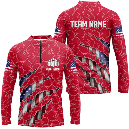 Custom Patriotic Long Sleeve Bowling Shirts For Men, American Flag Bowling Uniform Bowlers | Red IPHW6780