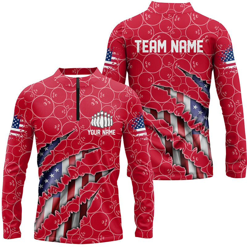 Custom Patriotic Long Sleeve Bowling Shirts For Men, American Flag Bowling Uniform Bowlers | Red IPHW6780