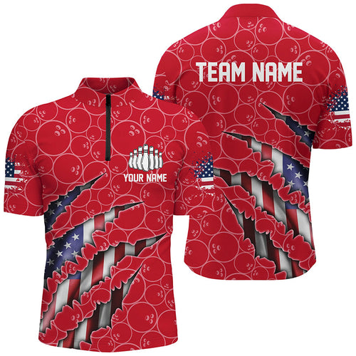 Custom Patriotic Bowling Zip Shirts For Men, American Flag Bowling Uniform Bowlers Outfit | Red IPHW6780