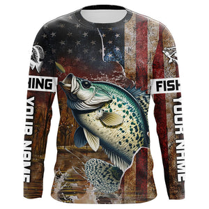 Custom Crappie Long Sleeve Fishing Shirts For Men, Patriotic Amerian Flag Crappie Fishing Shirt IPHW6889