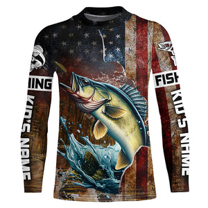 Custom Walleye Long Sleeve Fishing Shirts For Men, Patriotic Amerian Flag Walleye Fishing Shirt IPHW6891