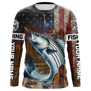 Custom Striped Bass Long Sleeve Fishing Shirts For Men, Patriotic Amerian Flag Striper Fishing Shirt IPHW6892