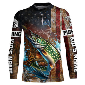 Custom Pike Long Sleeve Fishing Shirts For Men, Patriotic Amerian Flag Pike Fishing Shirt IPHW6893