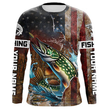 Load image into Gallery viewer, Custom Pike Long Sleeve Fishing Shirts For Men, Patriotic Amerian Flag Pike Fishing Shirt IPHW6893