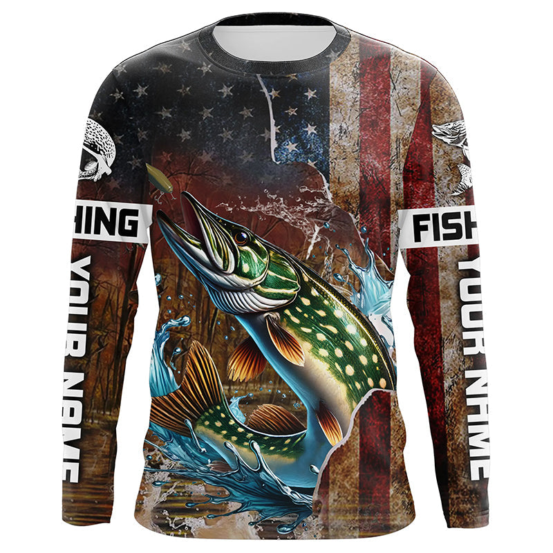 Custom Pike Long Sleeve Fishing Shirts For Men, Patriotic Amerian Flag Pike Fishing Shirt IPHW6893