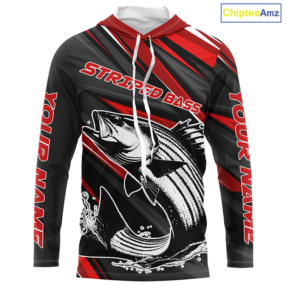 Black And Red Striped Bass Fishing Jerseys, Custom Striper Long Sleeve Performance Fishing Shirts IPHW6897