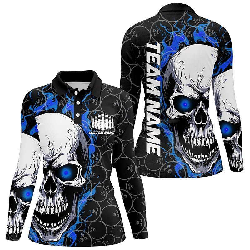 Custom Blue Flame Skull Bowling Shirts For Women, Bowling Team Long Sleeve Bowling Shirts IPHW5103