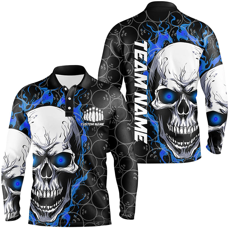 Custom Blue Flame Skull Bowling Shirts For Men, Bowling Team Long Sleeve Bowling Shirts IPHW5103