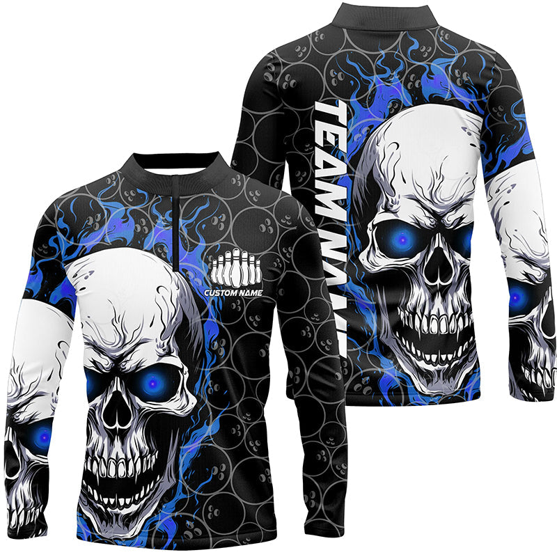 Custom Blue Flame Skull Bowling Shirts For Men, Bowling Team Long Sleeve Bowling Shirts IPHW5103