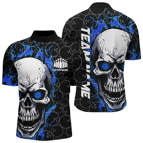 Personalized Skull Bowling Shirt For Men Custom Team'S Name Flame Bowler Jerseys | Blue IPHW5103