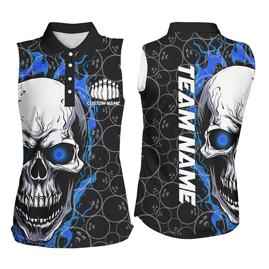 Custom Blue Flame Skull Bowling Shirts For Women, Bowling Team Sleeveless Bowling Shirts IPHW5103