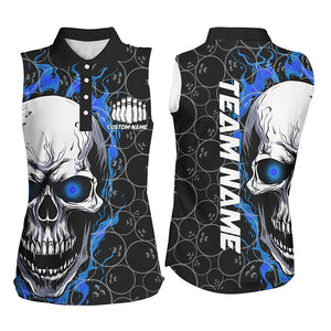 Custom Blue Flame Skull Bowling Shirts For Women, Bowling Team Sleeveless Bowling Shirts IPHW5103