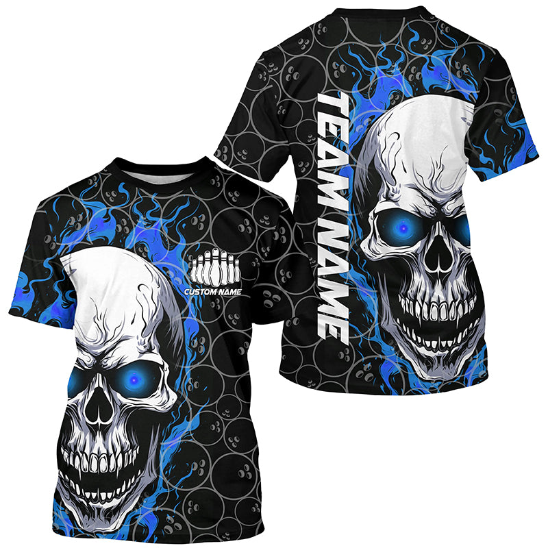 Custom Blue Flame Skull Bowling T Shirts For Men, Bowling Team All Over Printed Shirt For Bowling Team IPHW5103