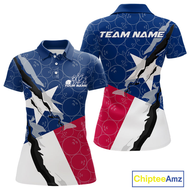 Custom Bowling Pattern Texeas Bowling Polo Shirts For Women, Texas Bowling League Shirt IPHW9630