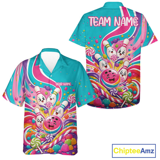 Kids short-sleeve button-up shirt shown from both front and back on a white background. The shirt features a bright candy-themed print with cartoon lollipops, swirls, and colorful accents.