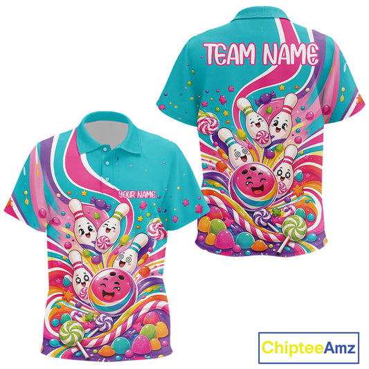 Kids short-sleeve polo shirt shown from both front and back on a white background. The shirt has a bright turquoise base with a vivid candy-themed graphic featuring pink lollipops, colorful candies, and bowling pins.