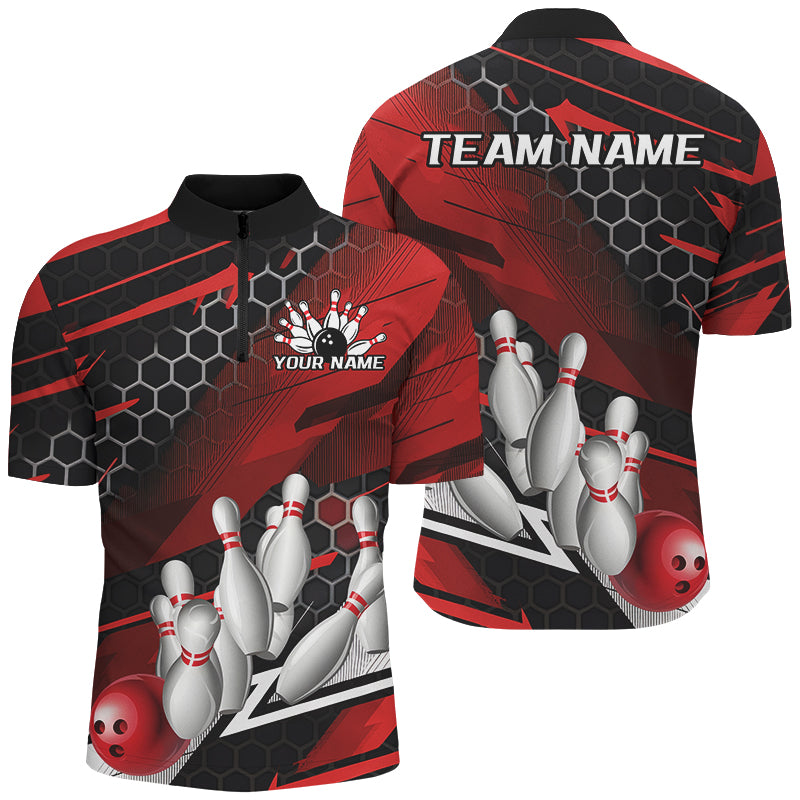 Black And Red Custom Bowling Team Jerseys, Bowling League Shirts For Men, Bowlers Outfits IPHW7687