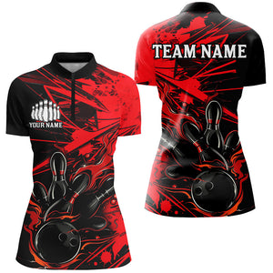 Black And Red Custom Flame Bowling Shirts For Women, Bowling Team Uniform Bowler Outfits IPHW7692