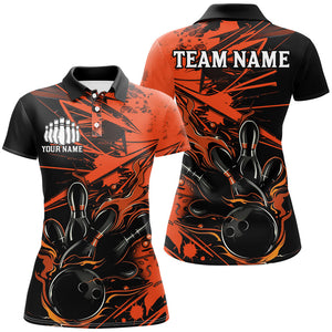 Black And Orange Custom Flame Bowling Shirts For Women, Bowling Team Uniform Bowler Outfits IPHW7693