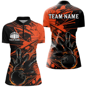 Black And Orange Custom Flame Bowling Shirts For Women, Bowling Team Uniform Bowler Outfits IPHW7693