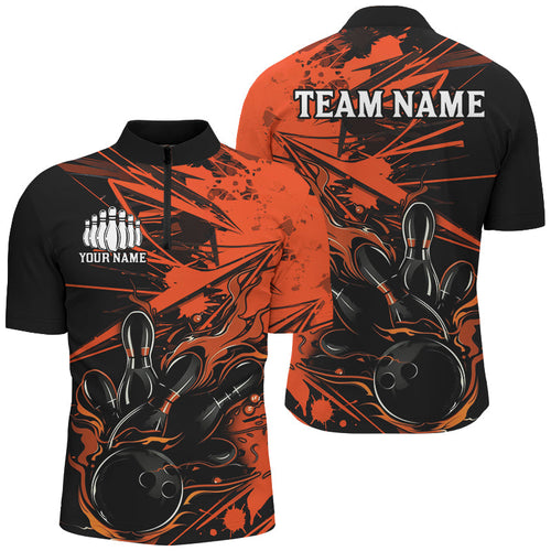 Black And Orange Custom Flame Bowling Shirts For Men, Bowling Team Uniform Bowler Outfits IPHW7693